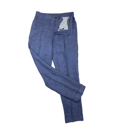 (product) Dark Blue Linen Elastic Waist Pants - custom suits nyc bespoke tailor midtown, noho