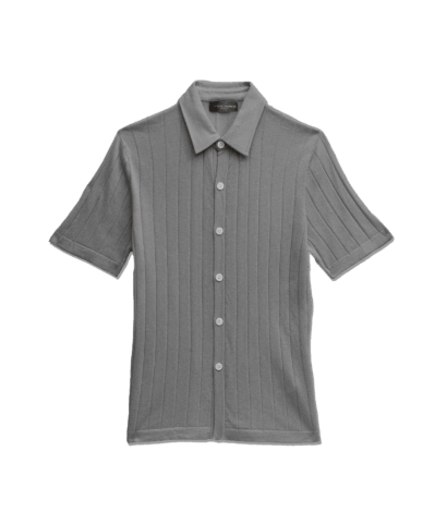 michael-andrews-striped-silk-cashmere-button-up-polo-foggy - Conch Silk Cashmere Ribbed Short-Sleeve Knit Buttondown - custom suits nyc bespoke tailor midtown, noho
