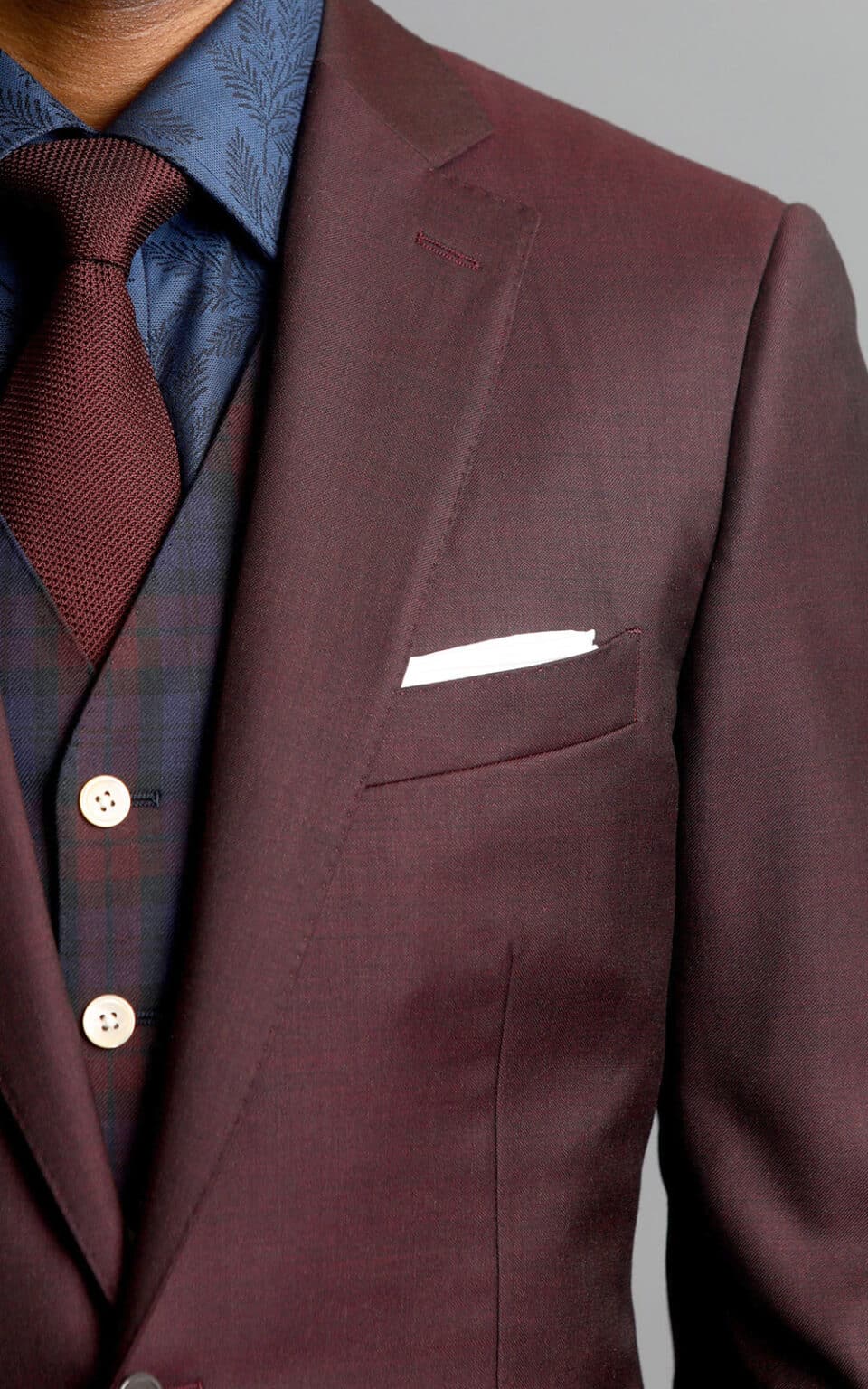 (product) Maroon Sharkskin Two-Button Wool MTM Sport Coat with lapel and breast pocket detail