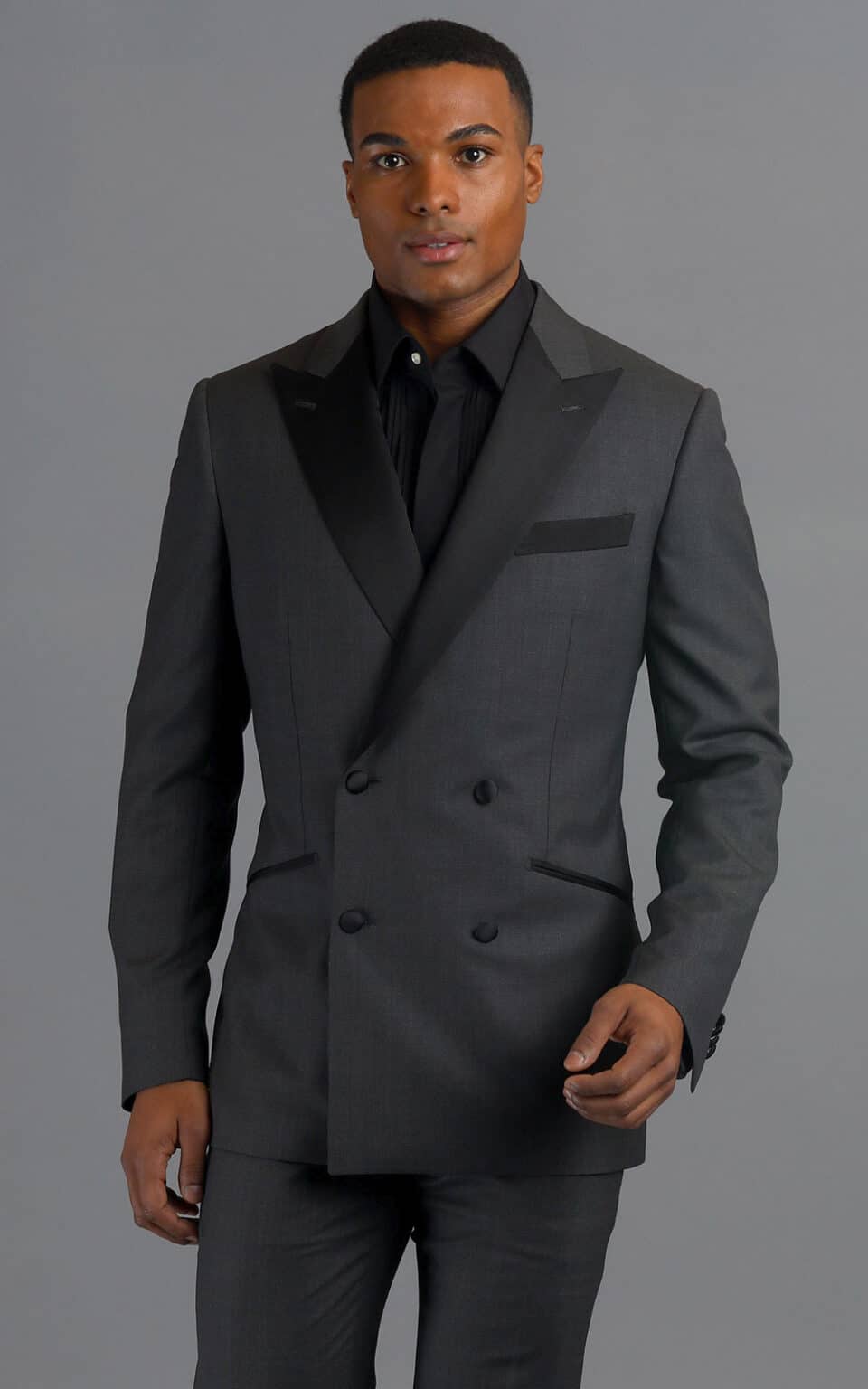(product) Grey Double-Breasted Wool MTM Tuxedo with Contrast Black Satin Trim, full front view