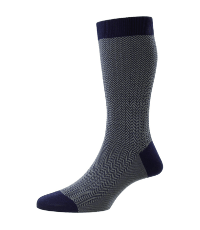 (product) Pantherella Fabian Herringbone Mid Calf Cotton Socks - Ocean Blue