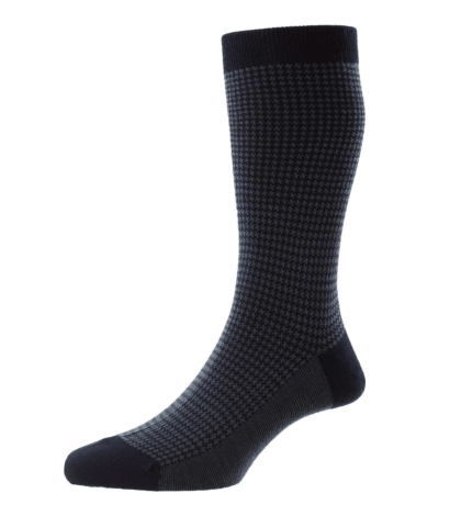 (product) Pantherella Highbury Wool Houndstooth Mid-Calf Socks - Navy