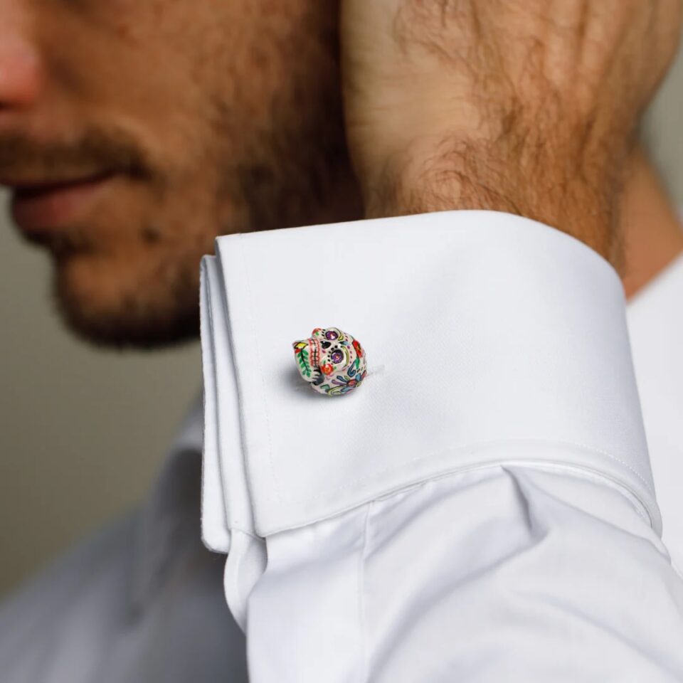 (product) Sweet Yorick Cufflinks, worn on a cuff