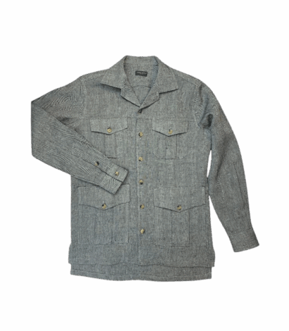 Black and White Herringbone Linen Safari Shirt Jacket