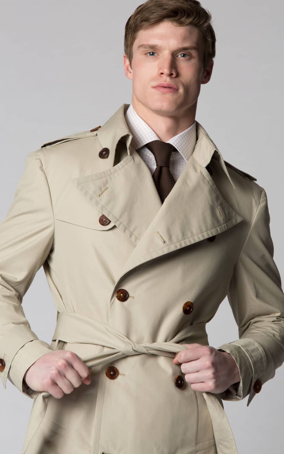 (product) Stone Cotton Trench Coat, close-up of lapel and double-breasted design