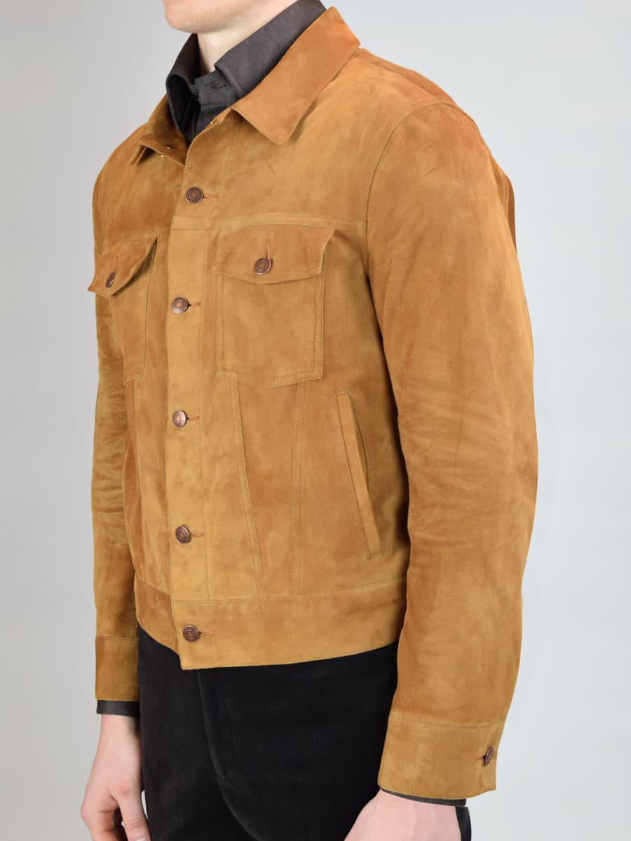 (product) Tobacco Suede Bespoke Trucker Jacket, side view