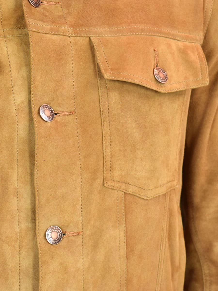 (product) Tobacco Suede Bespoke Trucker Jacket, close-up view of pocket with flap detail
