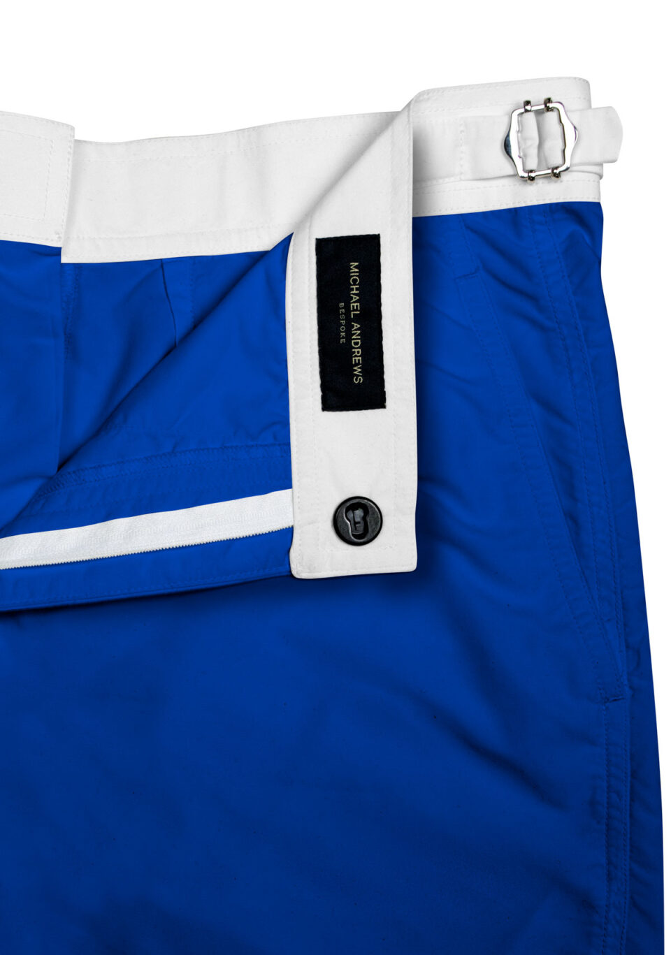 (product) Royal Blue Swim Shorts with White Waistband, detailed view