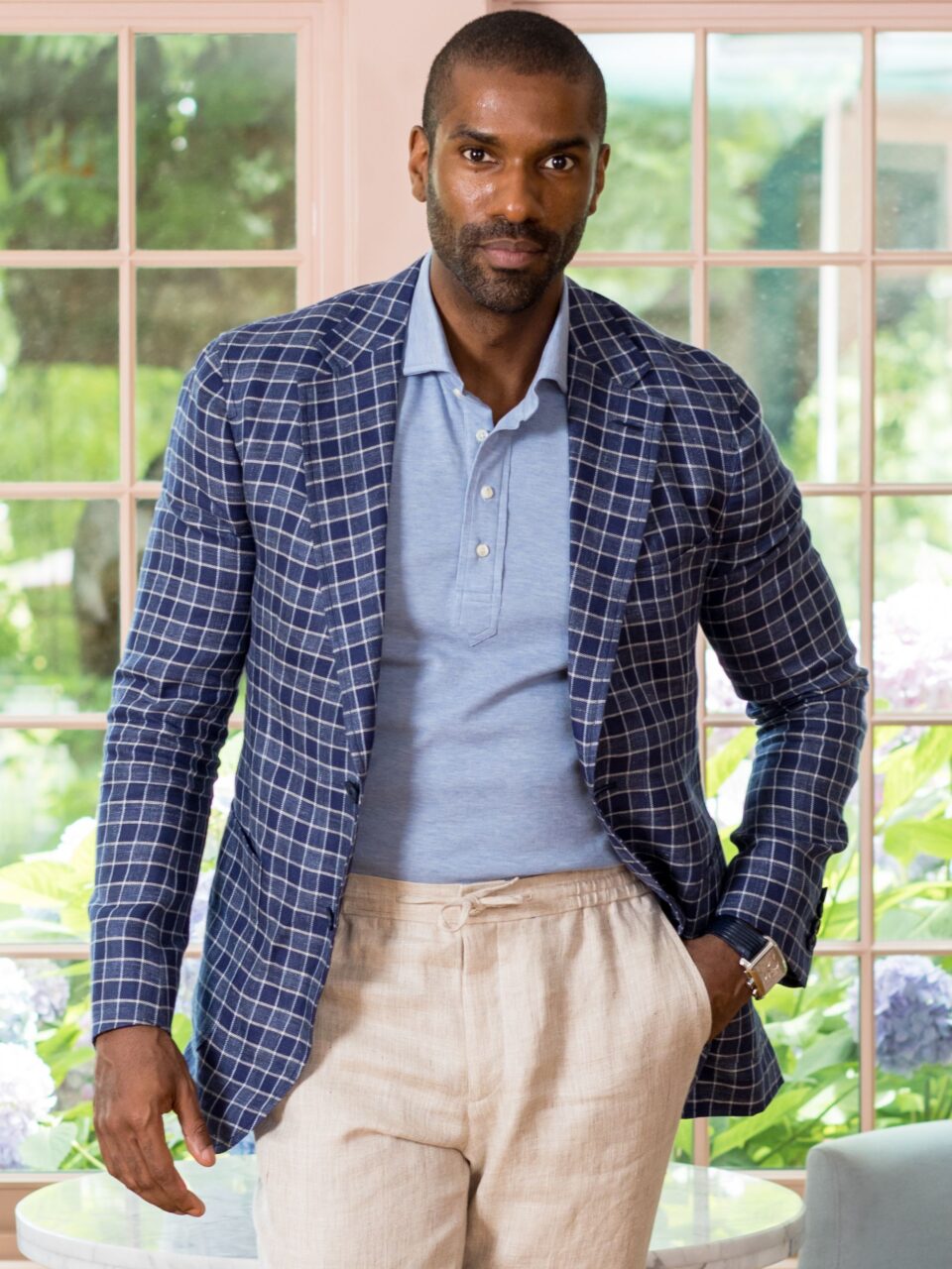(product) Dark Blue Graph Check Linen Blend Sport Coat styled with a light blue shirt