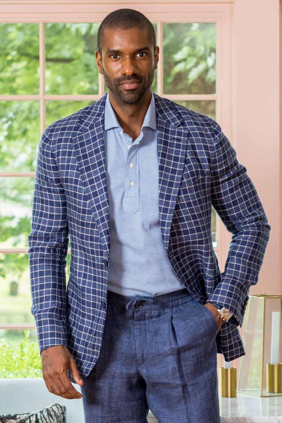 (product) Dark Blue Graph Check Linen Blend Sport Coat