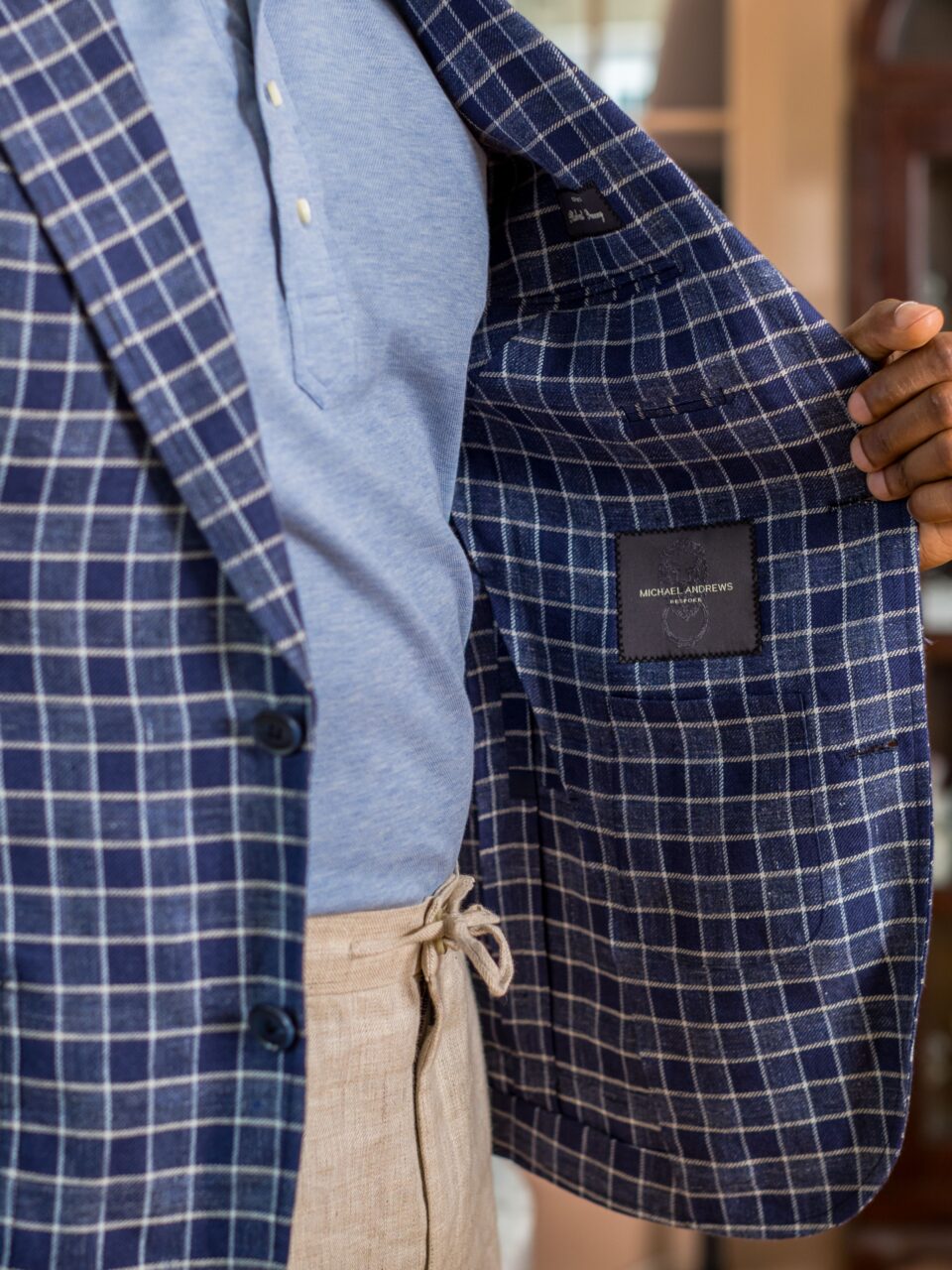 (product) Dark Blue Graph Check Linen Blend Sport Coat, close-up view showcasing pattern and texture