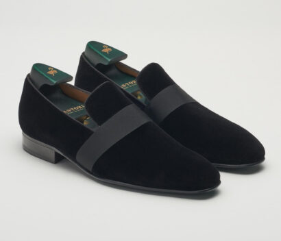 (product) Galba Black Velvet Formal Loafer, Angled pair view