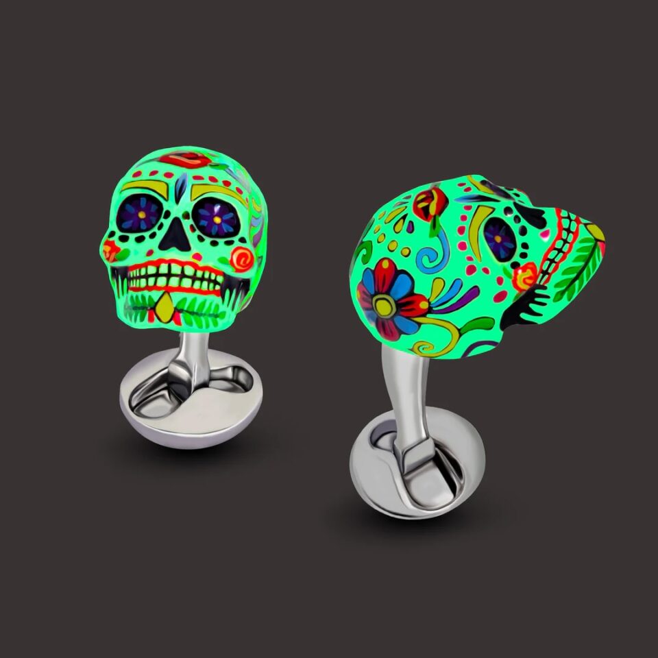 (product) Sweet Yorick Cufflinks, vibrant skull design with a dark background