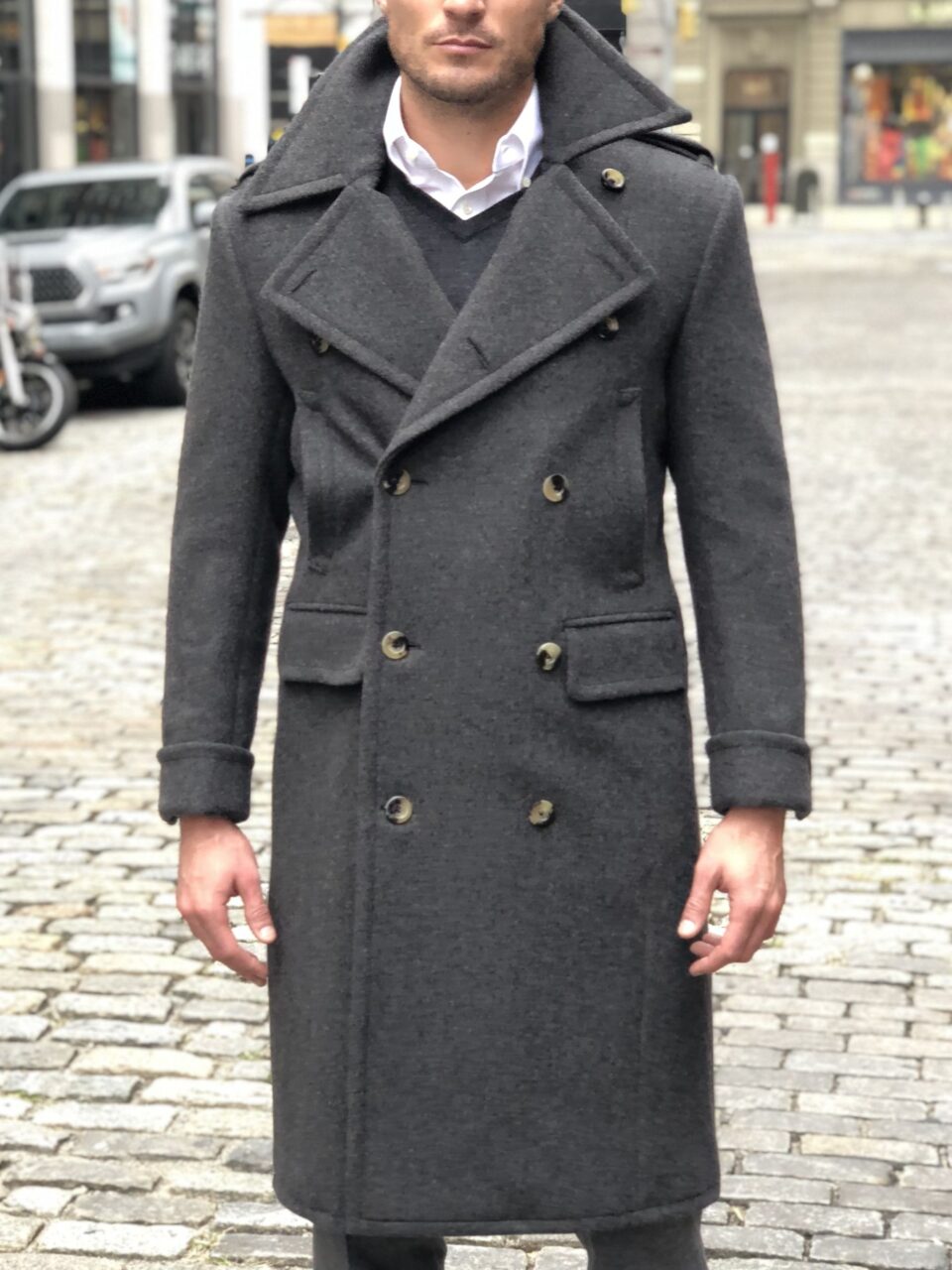 (product) Charcoal Grey Solid Great Coat, with double-breasted buttons and a structured lapel, styled closed for a formal look