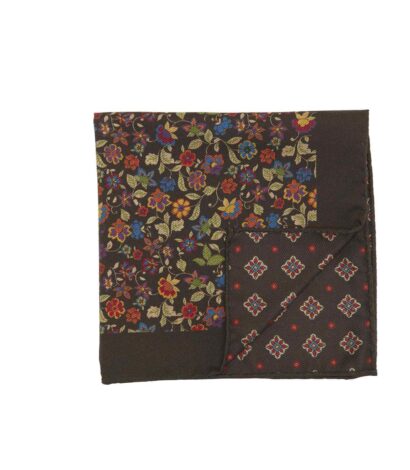(product) Brown Double Sided Multicolor Floral and Medallions Pocket Square