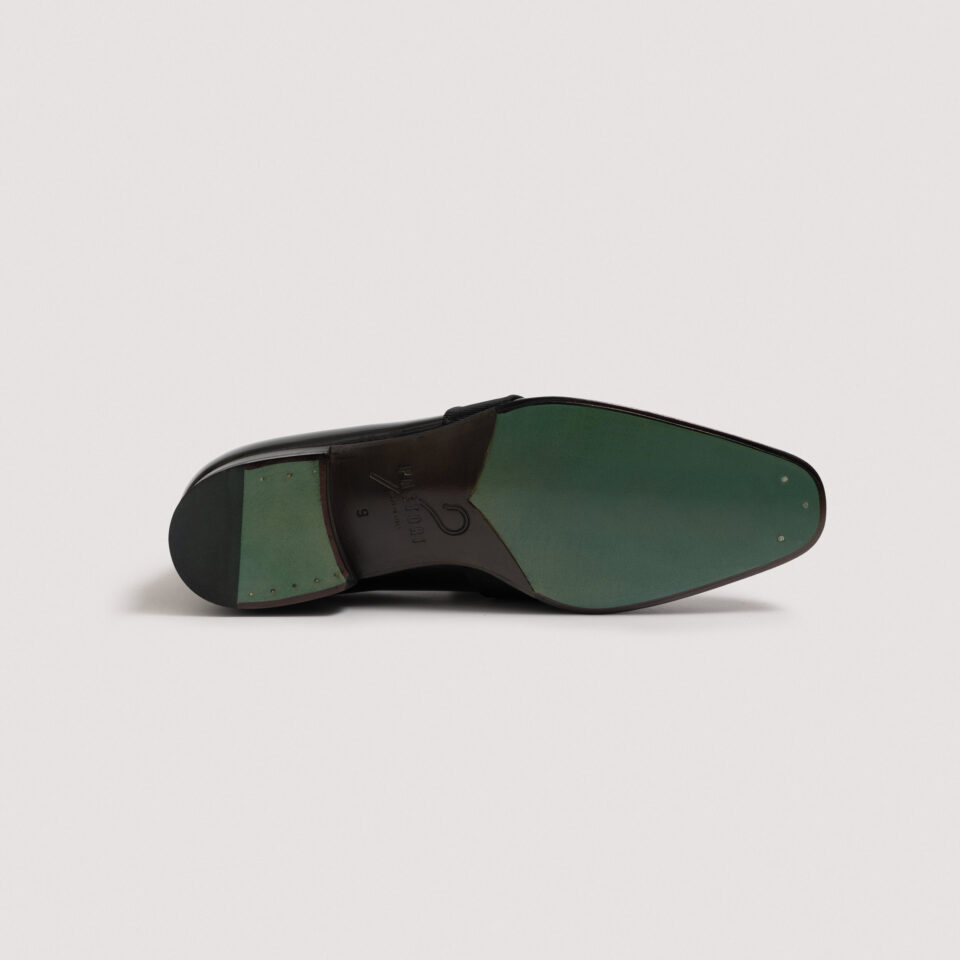 (product) Galba Black Patent Formal Loafer, Sole view