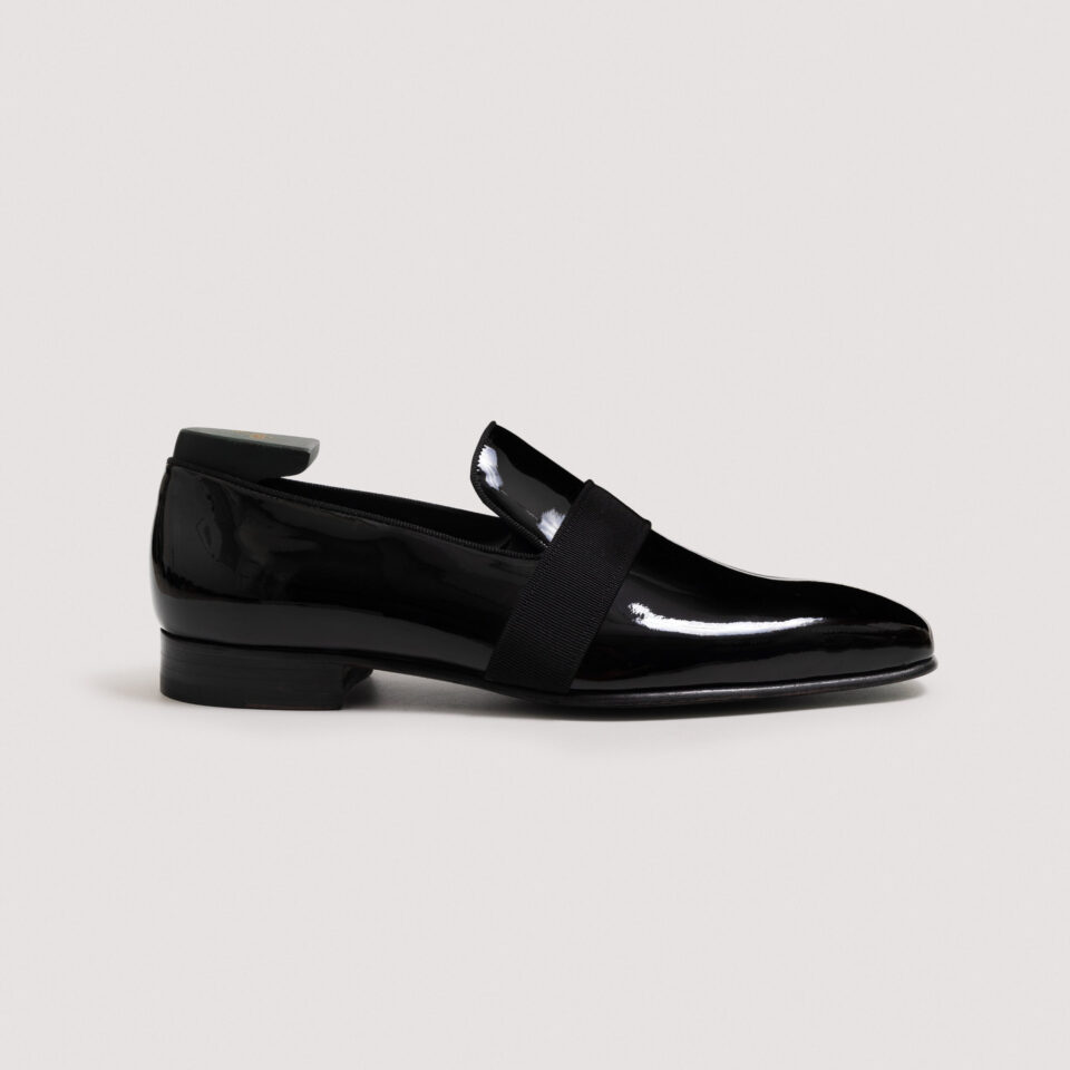 (product) Galba Black Patent Formal Loafer, Single shoe side view
