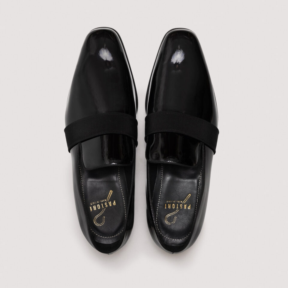 (product) Galba Black Patent Formal Loafer, Top view of the pair