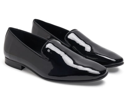 (product) Black Patent Slip-On Tuxedo Shoe, Front view of the pair