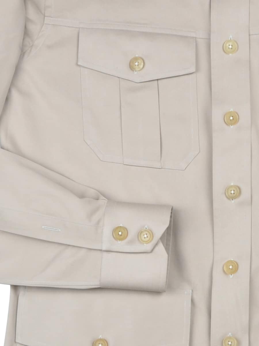 (product) Beige Cotton Safari Shirt, detailed view of front pockets and buttons