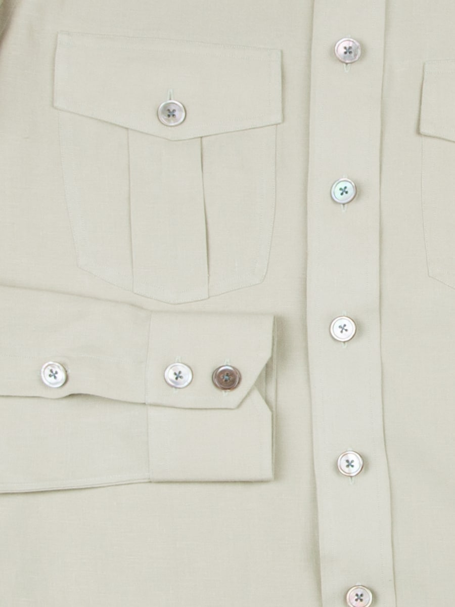 (product) Taupe Linen Field Shirt, detailed view of front pockets and buttons