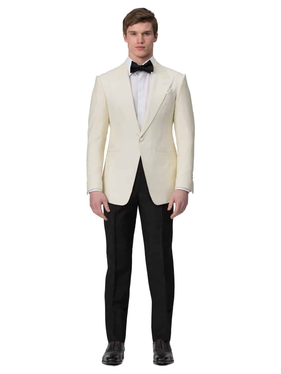 (product) Black Mohair Classic Bespoke Tuxedo Trouser, paired with cream dinner jacket