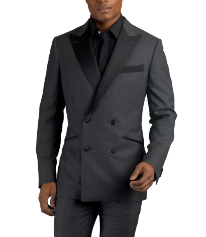 Grey double-breasted wool made-to-measure Tuxedo with contrast black satin trim