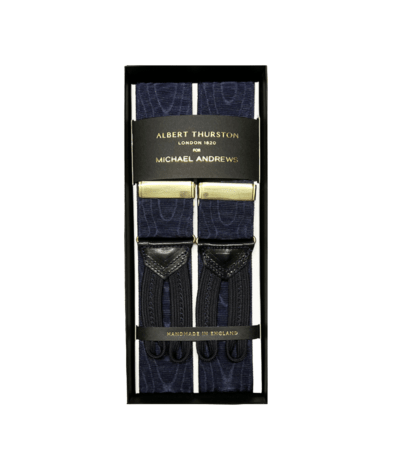 Albert Thurston Navy Moire Suspenders with Gold Hardware