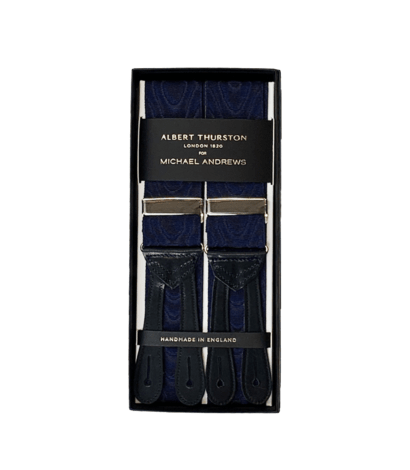 Albert Thurston Navy Moire Suspenders with Silver Hardware