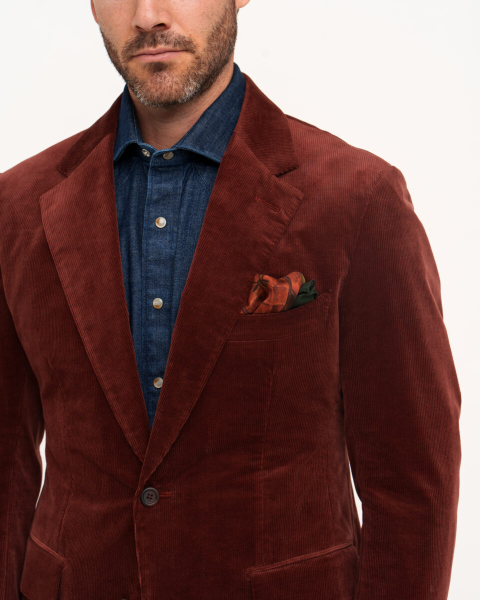 'Mr. Uptown' Silk Pocket Square styled with Rust Corduroy Suit Jacket & Denim Shirt