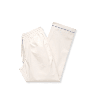 Michael Andrews custom white poplin pajama pants with light blue piping