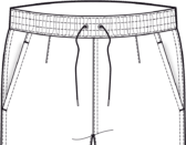 Sketch of elastic-waist shorts with drawstring closure and side pockets
