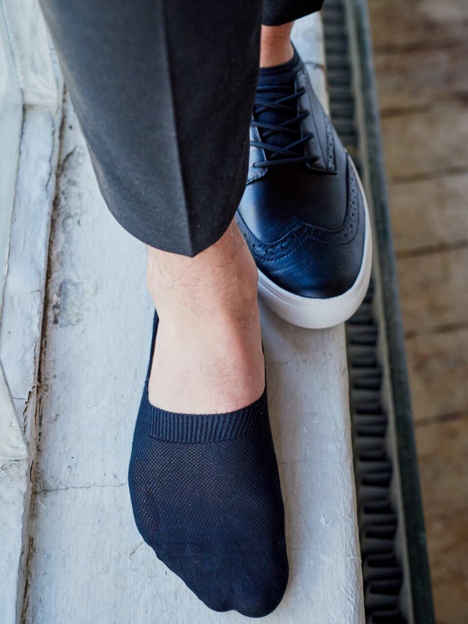 (product) Pantherella Mahon Wool No-Show Socks - Navy, highlighted in close-up