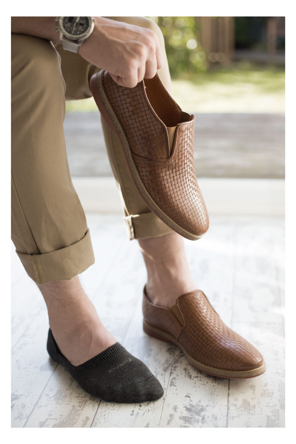 Pantherella Seville No-Show Cotton Socks in Light Khaki, styled with woven leather loafers and cuffed chinos