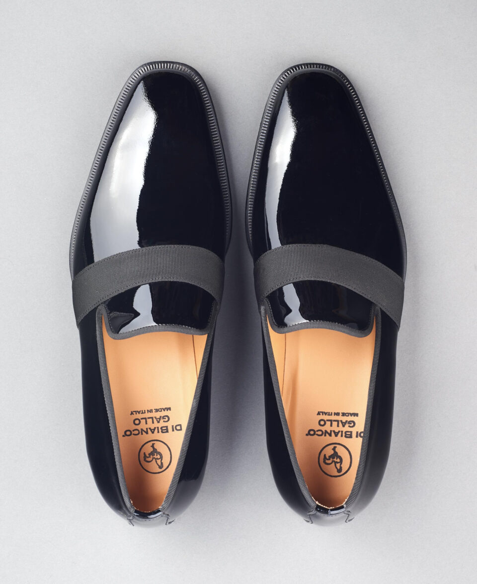 (product) Catania Black Patent Formal Loafer, top view of the pair
