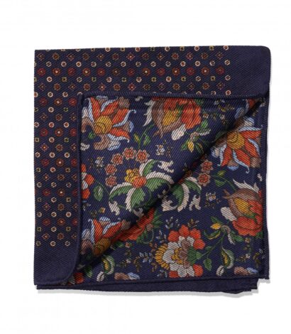 (product) Blue Medallion and Floral Print Double Sided Pocket Square, folded