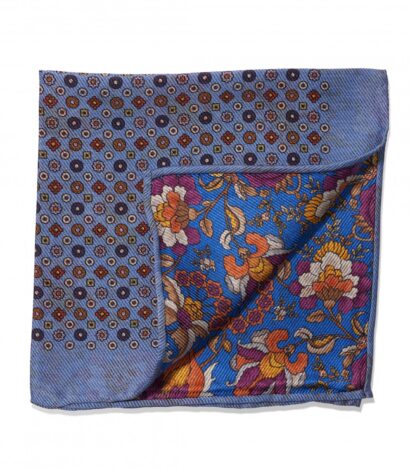 (product) Light Blue Medallion and Floral Print Double Sided Pocket Square, folded