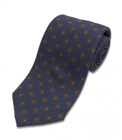 Navy Blue, Green, Brown and Gold Medallion Silk Necktie