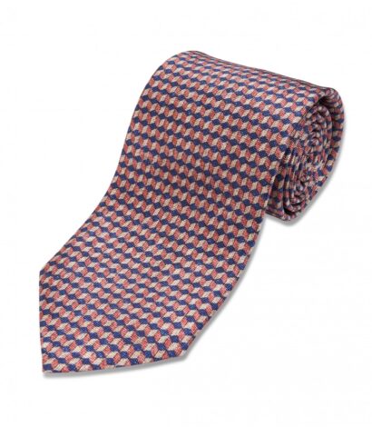 Blue, Pink and Ivory Geometric Cube Silk Necktie