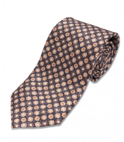 Navy, Gold and Ivory Geometric Print Silk Necktie