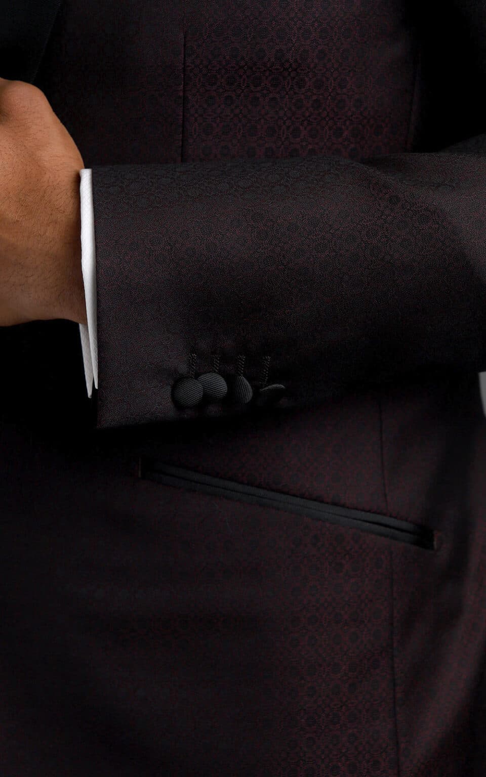 (product) Burgundy Textured Wool MTM Dinner Jacket with Grosgrain Trim