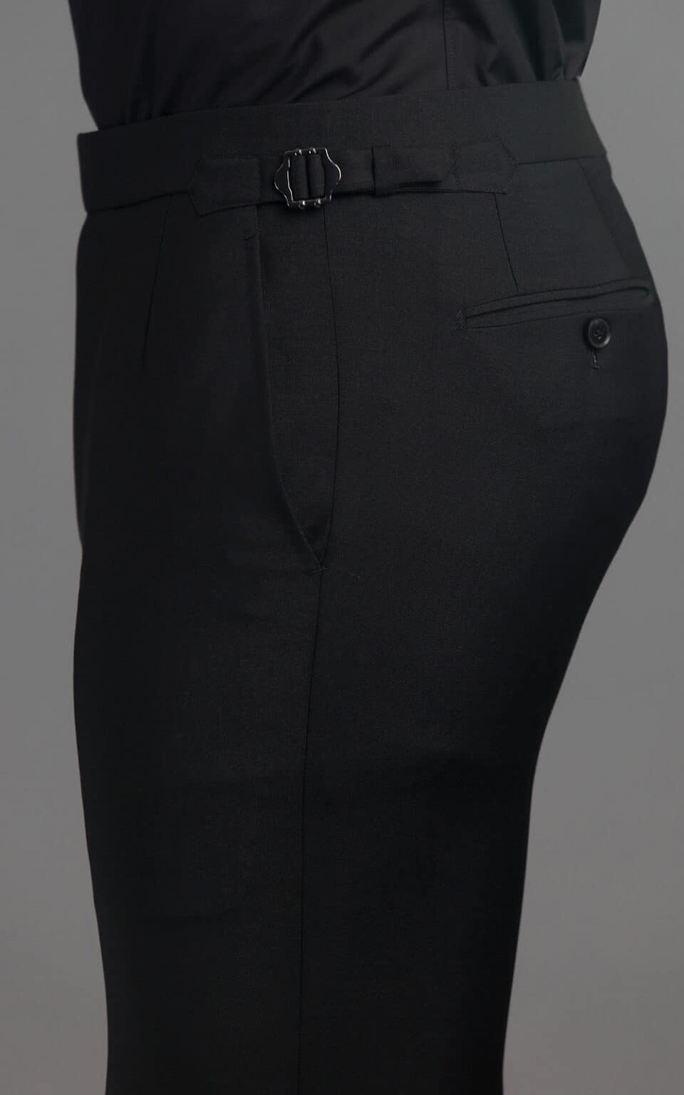 (product) Black Wool/Mohair MTM Suit, pants detail, side view