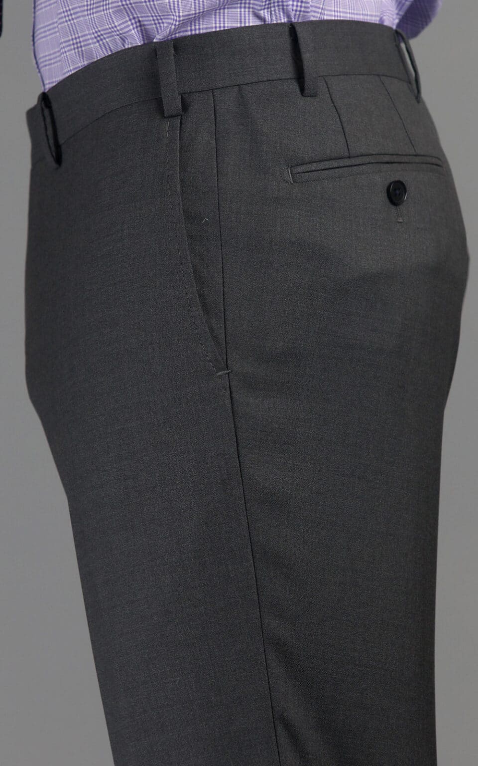 Close-up of grey sharkskin MTM suit trousers with back pocket detail