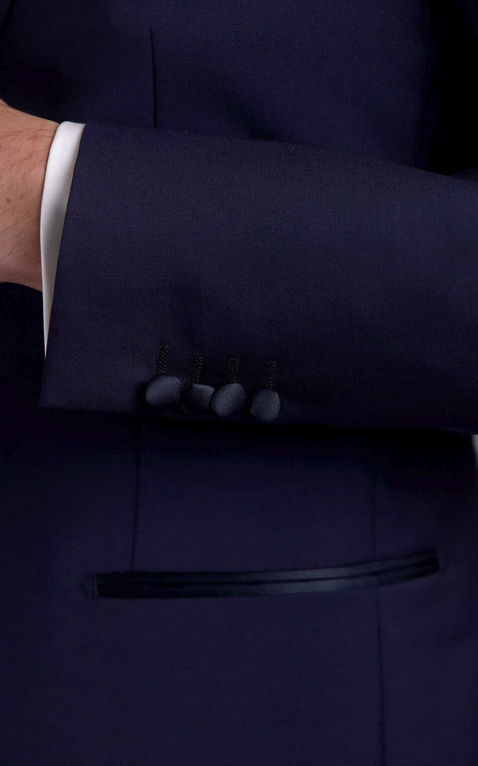 (product) Royal Blue One-Button MTM Tuxedo with Navy Satin Trim, cuff detail