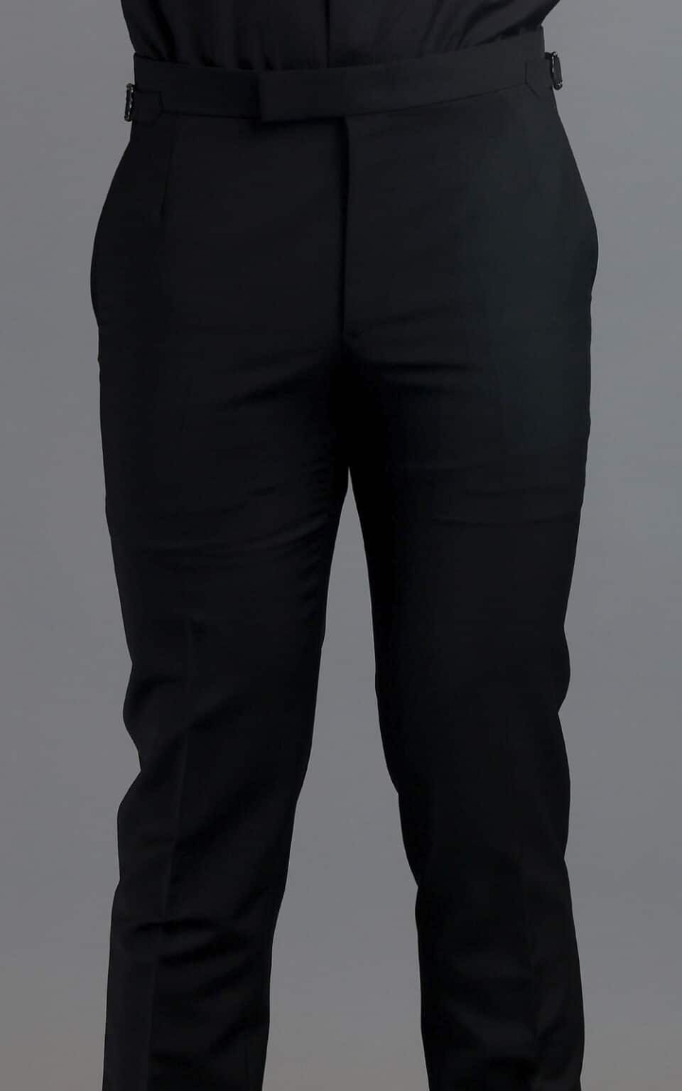 (product) Black Wool/Mohair MTM Suit, pants detail, back view