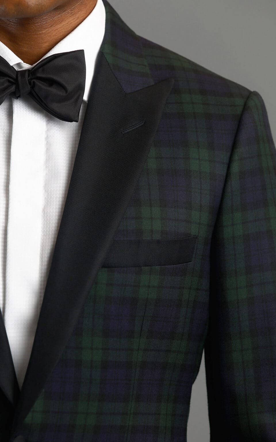 (product) Black Watch Tartan One-Button Wool MTM Dinner Jacket, lapel detail