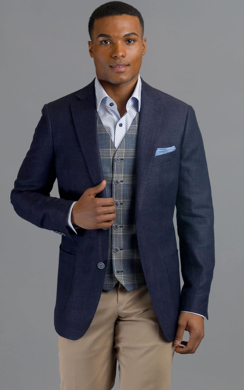 (product) Navy Linen Blend Hopsack Two-Button MTM Sport Coat