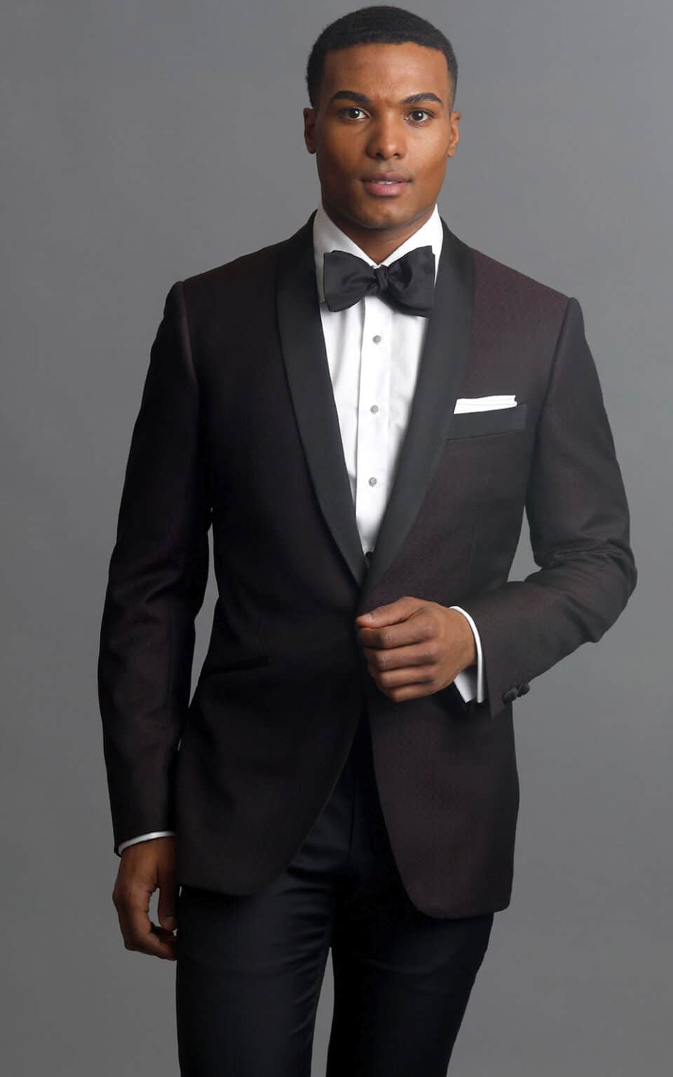 (product) Burgundy Textured Wool MTM Dinner Jacket with Grosgrain Trim