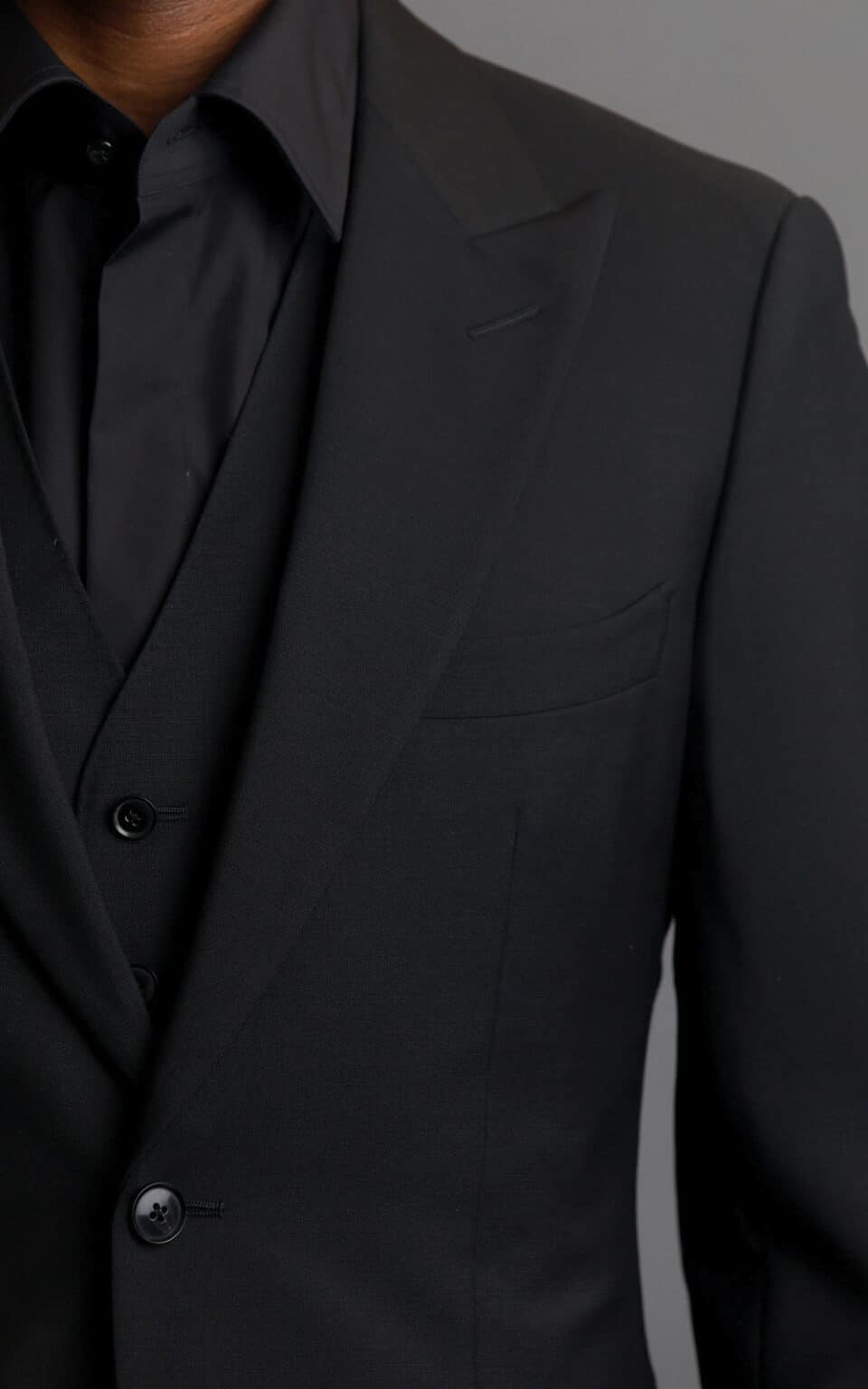 (product) Black Wool/Mohair MTM Suit, lapel detail