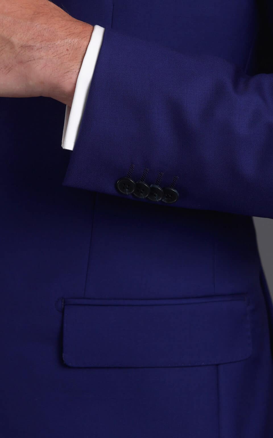 (product) Royal Blue MTM Suit, cuff detail with black buttons